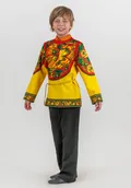 Русская народная рубаха Хохлома расписная / Золотой Петушок для мальчика (рост 122-128 / Готовое изделие)