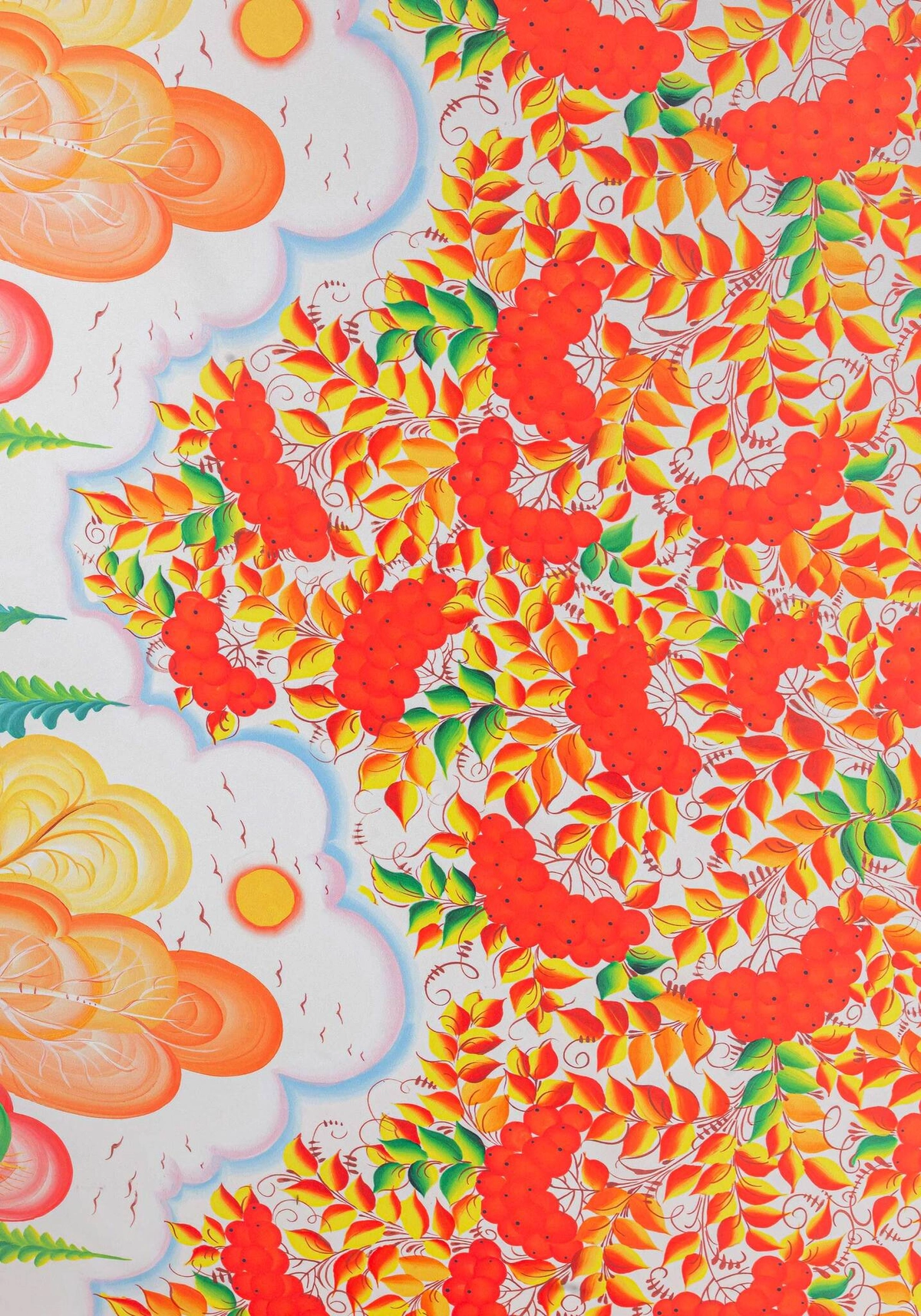 Ткань Свободно-кистевая осенняя тематика с рябиной (Креп-сатин)