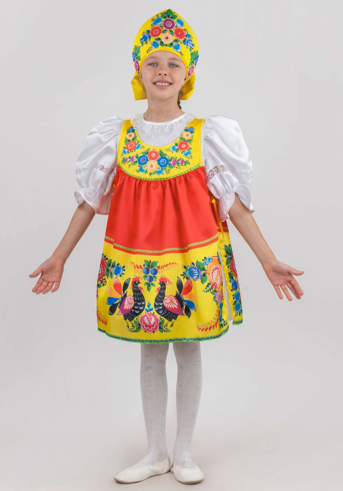 Костюм для девочки с городецкой росписью с кокошником (рост 122-128 / цвет красный)