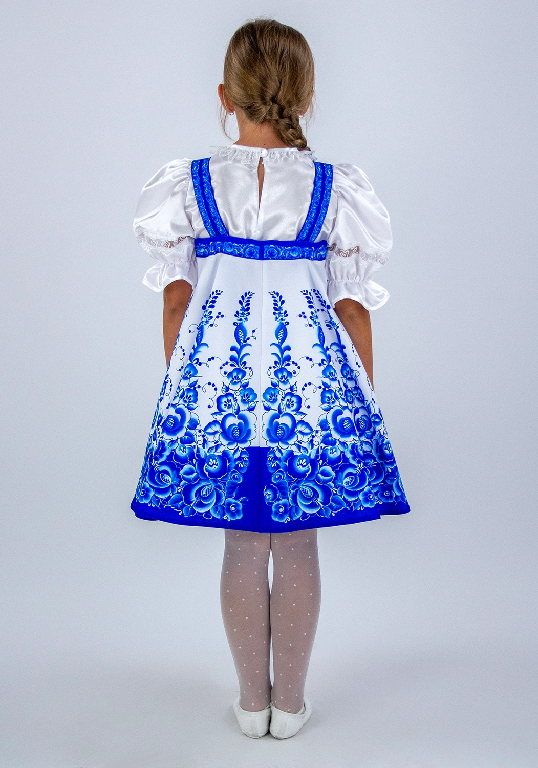 Русский народный сарафан для девочки Гжель расписная (рост 116-134 / Готовое изделие)