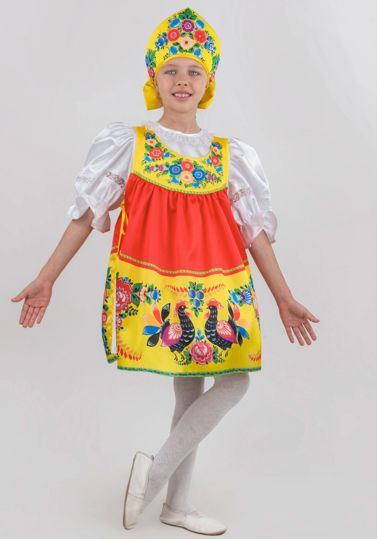 Костюм для девочки с городецкой росписью с кокошником (рост 122-128 / цвет красный)