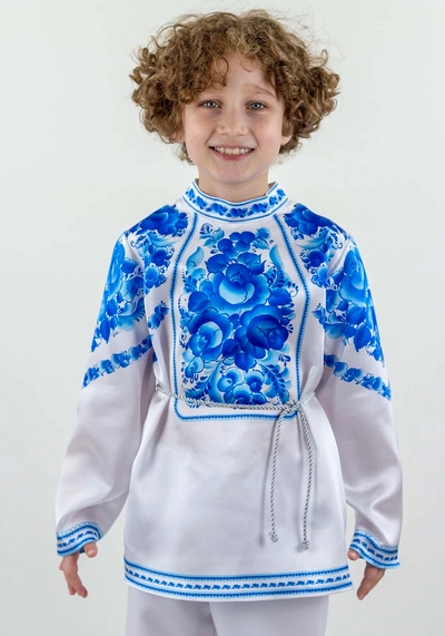 Русская народная рубаха для мальчика Гжельская роза (рост 122-128 / Готовое изделие)
