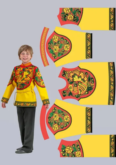 Русская народная рубаха Хохлома расписная / Золотой Петушок для мальчика (рост 122-128 / Готовое изделие)