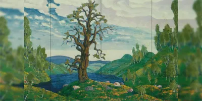 Репродукция картины Н.К. Рерих &quot;Поцелуй земле&quot;  Декорация / Занавес сцены (3м*3м / ГОТОВЫЙ занавес)